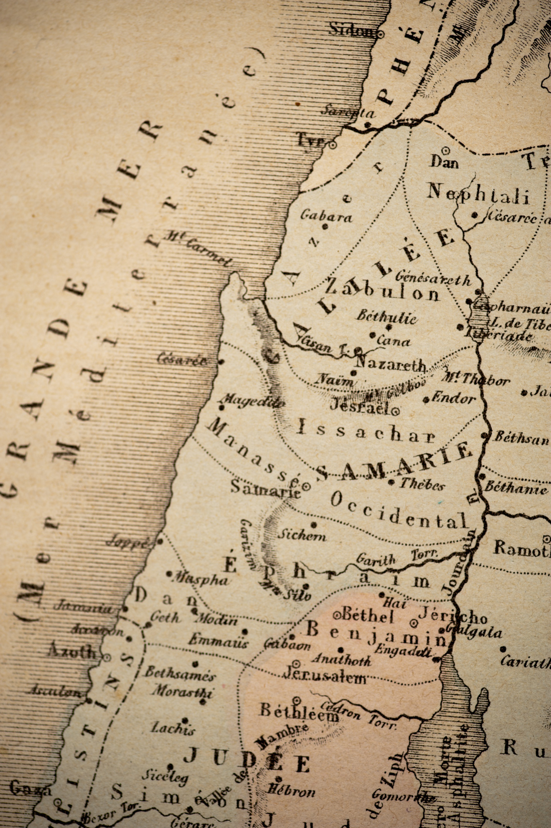 Vintage Map of the Mediterranean Sea, Israel, Jordan, Judee, Samarie, Bethlehem, Jerusalem, and Nazareth